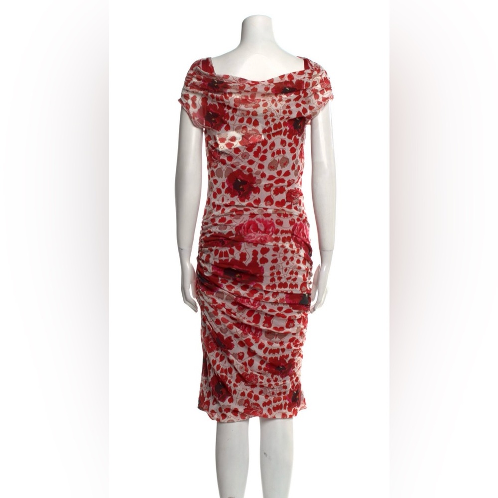 Floral Red Midi Dress - Women's Strapless Bodycon - Picture 4 of 13